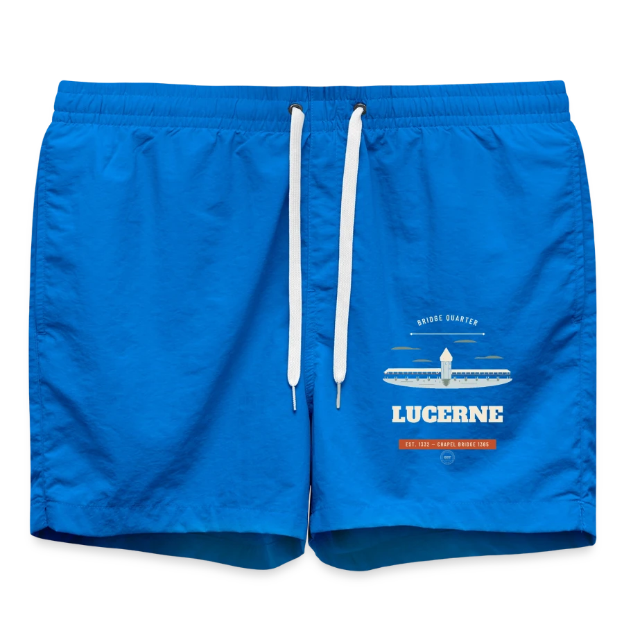 Lucerne badge on a swim trunks, cobalt blue