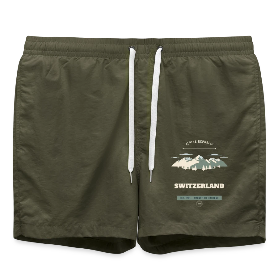 Switzerland badge on a swim trunks, olive