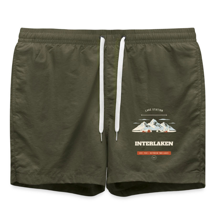 Interlaken badge on a swim trunks, olive