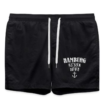 Segel Design Hamburg Koordinaten (Vintage Weiß) - Badeshorts - Schwarz - Vorne - AI Model Male 185 light (185cm)
