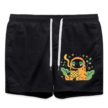 Chill Sloth with Coffee Cartoon Design - Swim Trunks - black - Front - AI Model Male 185 light (185cm)