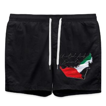 (VAE) Emirate Flagge in der Emirate Landkarte EN - Badeshorts - Schwarz - Vorne - AI Model Male 185 light (185cm)