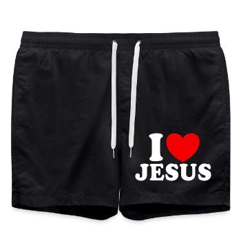 J’aime Jésus, Foi chrétienne, Église, Bibe - Short de bain - noir - Devant - AI Model Male 185 light (185cm)