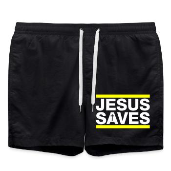 Jesus Rettet Spruch Christlich - Badeshorts - Schwarz - Vorne - AI Model Male 185 light (185cm)