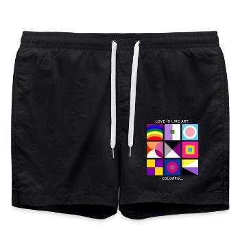 Liebe ist wie Kunst – bunt – LGBTQIA+ geometrisch - Badeshorts - Schwarz - Vorne - AI Model Male 185 light (185cm)