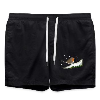 Rouge-gorge motif hivernal neige oiseau branche - Short de bain - noir - Devant - AI Model Male 185 light (185cm)