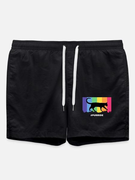 Purride cat silhouette over rainbow stripes - Swim Trunks - black