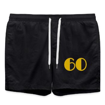 60. 60 JAHRE. 60-JÄHRIGES JUBILÄUM. 60. GEBURTSTAG. - Badeshorts - Schwarz - Vorne - AI Model Male 185 light (185cm)