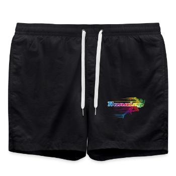 Farbenfroher Läufer im Sprint- Schriftzug „Running - Badeshorts - Schwarz - Vorne - AI Model Male 185 light (185cm)