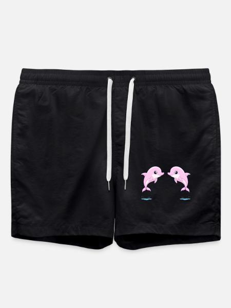Two baby pink twin dolphins, jumping joyfully - Swim Trunks - black