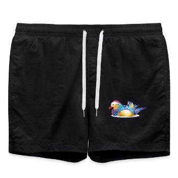 Bunte Mandarinente auf dem Wasser – bunte Eleganz - Badeshorts - Schwarz - Vorne - AI Model Male 185 light (185cm)