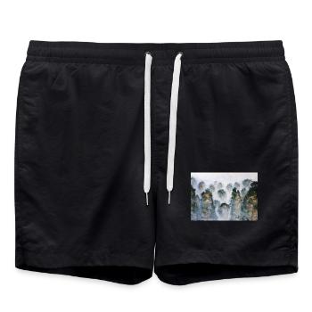 Mystical Forest Thailnad Mountains Watercolors - Swim Trunks - black - Front - AI Model Male 185 light (185cm)