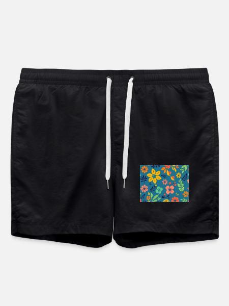 Blumenmuster im Retro-Stil auf Dunkelblau - Badeshorts - Schwarz