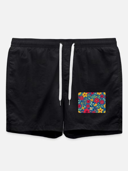 Blumiges Muster mit Rot und Gelb auf Blau - Badeshorts - Schwarz