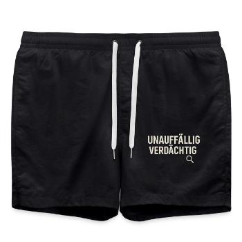 Unauffällig Verdächtig – Lustiges True-Crime Shirt - Badeshorts - Schwarz - Vorne - AI Model Male 185 light (185cm)