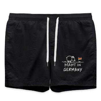 Mäht in Germany – Lustiger Bauernhof Spruch Schaf - Badeshorts - Schwarz - Vorne - AI Model Male 185 light (185cm)