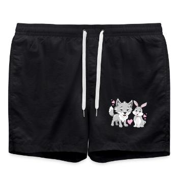 Glückliches Wolfsbaby und süßes lächelndes Kaninchen - Badeshorts - Schwarz - Vorne - AI Model Male 185 light (185cm)