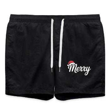 Frohe Weihnachten Skript mit Weihnachtsmütze - Badeshorts - Schwarz - Vorne - AI Model Male 185 light (185cm)