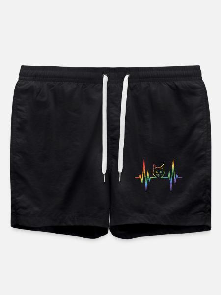 Rainbow cat with pulse heart line - Swim Trunks - black