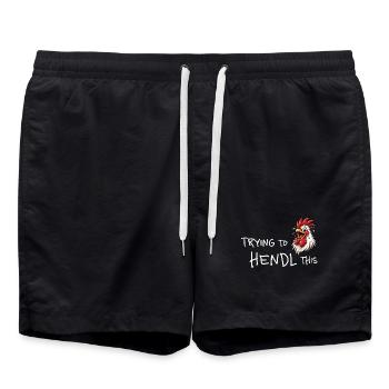 Trying to hendl this – Lustiger Hühner Spruch - Badeshorts - Schwarz - Vorne - AI Model Male 185 light (185cm)