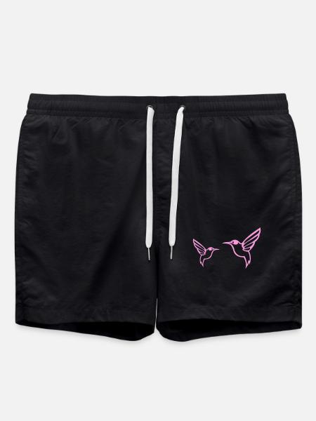 Two Pink Hummingbirds Line Art - Swim Trunks - black