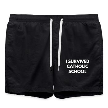 Survived Catholic School Bold Monochrome - Swim Trunks - black - Front - AI Model Male 185 light (185cm)