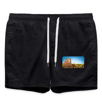Buchaufkleber Erdmännchen am Felsen in der Savanne - Badeshorts - Schwarz - Vorne - AI Model Male 185 light (185cm)