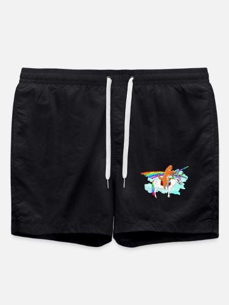 Rainbow Ride: Katze auf Einhornpferd - Badeshorts - Schwarz