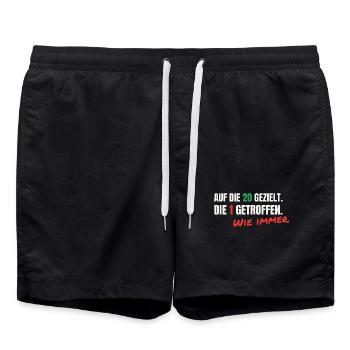 Dart Spruch: Auf die 20 gezielt, 1 getroffen - Badeshorts - Schwarz - Vorne - AI Model Male 185 light (185cm)