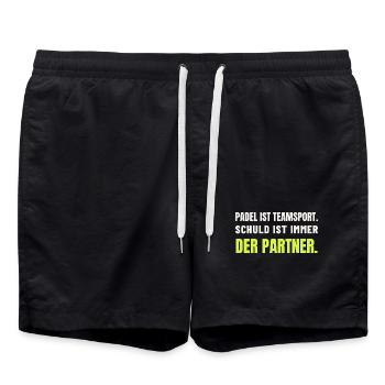 Padel Teamsport – Schuld ist der Partner - Badeshorts - Schwarz - Vorne - AI Model Male 185 light (185cm)