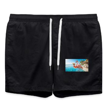 Flamingo feiert Happy Hour am Pool - Badeshorts - Schwarz - Vorne - AI Model Male 185 light (185cm)