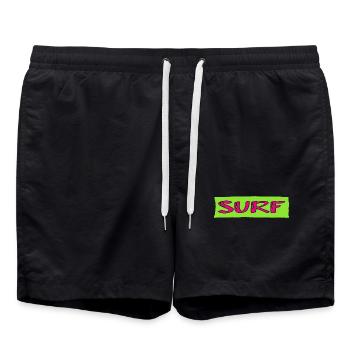 SURFEN. FISCH. STRAND. MEER. OZEAN. HUMOR. FEIERTAG - Badeshorts - Schwarz - Vorne - AI Model Male 185 light (185cm)