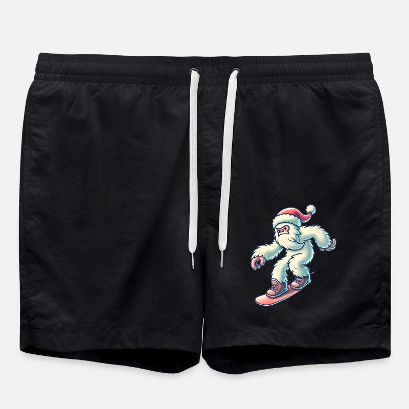 Snowboarding Yeti in Santa Hat - Swim Trunks - black