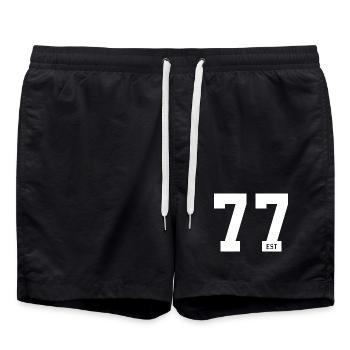 77 EST – Bold Typo & Gründungsstil - Badeshorts - Schwarz - Vorne - AI Model Male 185 light (185cm)