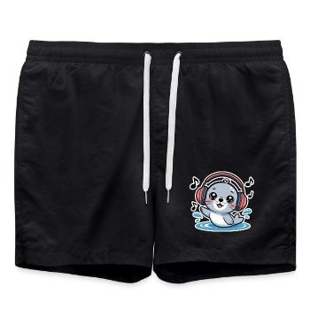 Cute seal with headphones and music notes - Swim Trunks - black - Front - AI Model Male 185 light (185cm)