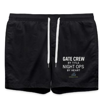 night shift ramp of the ground staff at the - Swim Trunks - black - Front - AI Model Male 185 light (185cm)