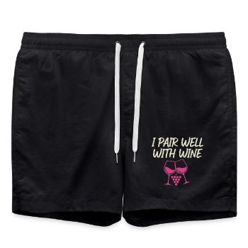 Je m’accorde bien avec le motif du vin – verre à vin - Short de bain - noir - Devant - AI Model Male 185 light (185cm)