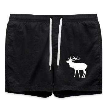 großer Hirsch mit Geweih, Rehbock, Jagd, Wald - Badeshorts - Schwarz - Vorne - AI Model Male 185 light (185cm)