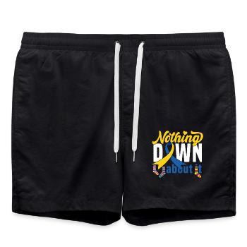 Down syndrome sock gift - Swim Trunks - black - Front - AI Model Male 185 light (185cm)