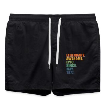 45th Birthday, May 1977, 45 Year Anniversary - Swim Trunks - black - Front - AI Model Male 185 light (185cm)
