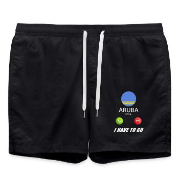 Aruba calls to Lusiger flags saying - Swim Trunks - black - Front - AI Model Male 185 light (185cm)