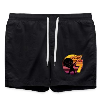 Boom I am 7 | Birthday Boy | 7th Birthday Party - Badeshorts - Schwarz - Vorne - AI Model Male 185 light (185cm)