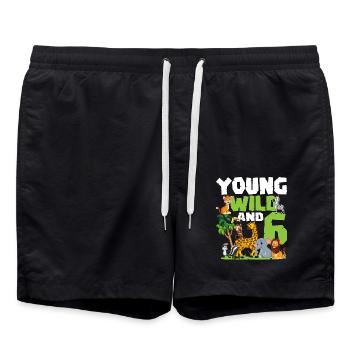 Young Wild And 6 | Safari Animal Theme Birthday - Swim Trunks - black - Front - AI Model Male 185 light (185cm)