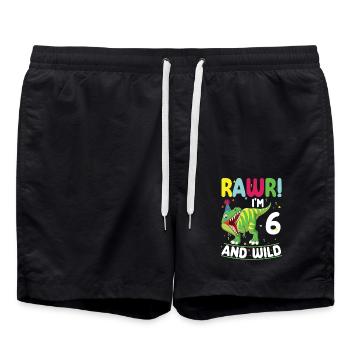 Dinosaur 6 years old 6th birthday party - Swim Trunks - black - Front - AI Model Male 185 light (185cm)