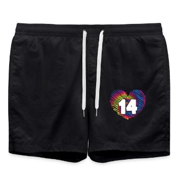 14. Geburtstag Herz Tie Dye | Tie Dye Themed - Badeshorts - Schwarz - Vorne - AI Model Male 185 light (185cm)