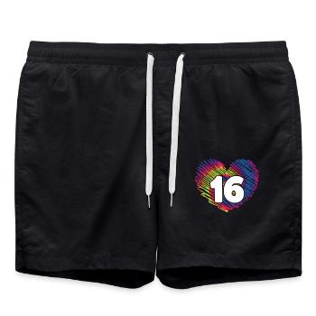 16. Geburtstag Herz Tie Dye | Tie Dye Themed - Badeshorts - Schwarz - Vorne - AI Model Male 185 light (185cm)