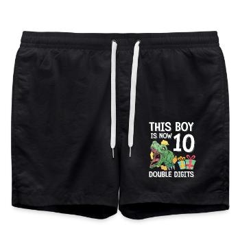 Boy Is Now 10 Double Digit Dino 10th Birthday - Swim Trunks - black - Front - AI Model Male 185 light (185cm)