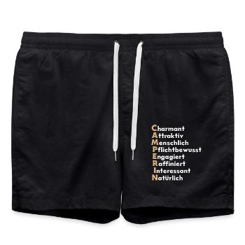 Camper Design – Eigenschaften einer Camperin - Badeshorts - Schwarz - Vorne - AI Model Male 185 light (185cm)