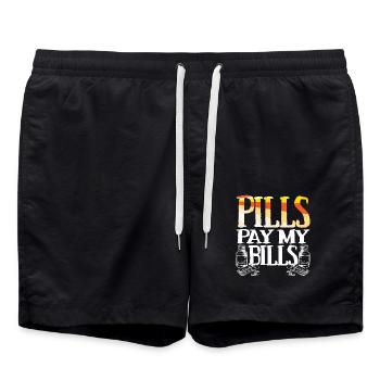 Pills pay my bills Pillen Arznei Apotheker Spruch - Badeshorts - Schwarz - Vorne - AI Model Male 185 light (185cm)