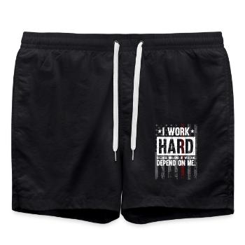 I Work Hard Red Line American Flag Firefighter - Badeshorts - Schwarz - Vorne - AI Model Male 185 light (185cm)